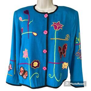 VTG Draper's & Damon's Button Up Jacket Applique Flowers Butterflies Petite M